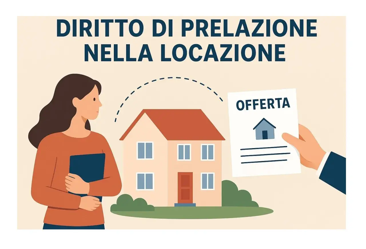Una donna guarda una casa mentre una mano offre un documento con la scritta "OFFERTA". Illustra il diritto di prelazione nella locazione, con un fac simile di lettera.