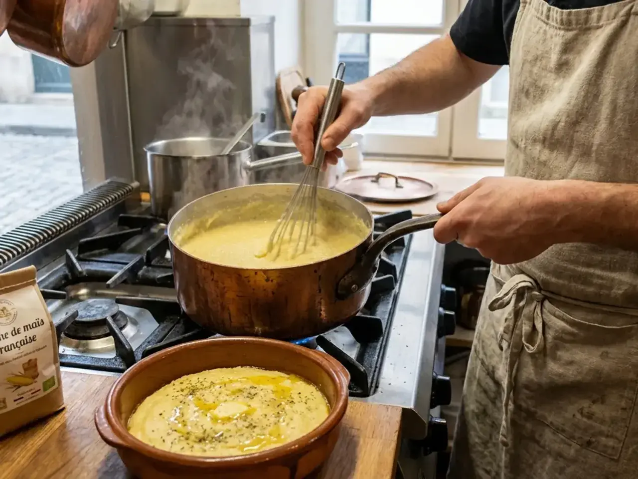 Un chef prépare une recette de polenta crémeuse, fouettant la semoule dans une casserole en cuivre sur le feu. Une autre portion de polenta, arrosée d'huile d'olive, est prête dans un plat en terre cuite.