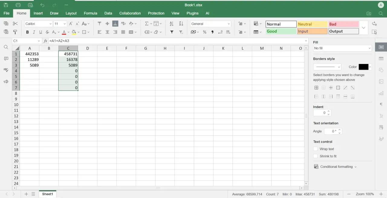 Schermata di Excel che mostra come copiare un file Excel. Celle con numeri e una formula visibile.