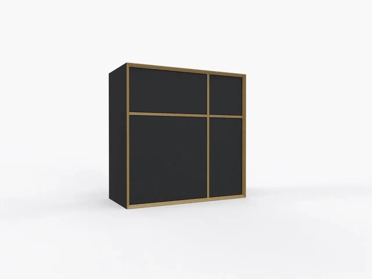 Ein moderner Vertiko mit dunklen Fronten und Holzrahmen. Dieses Möbelstück ist ein praktischer Blickfang.