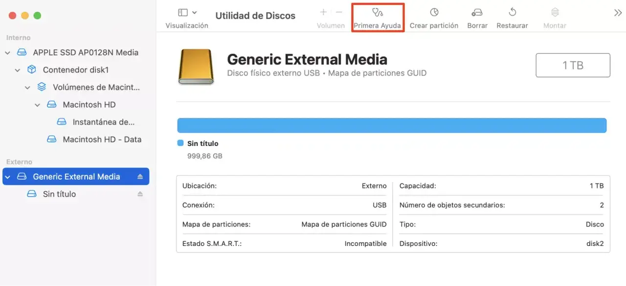 El disco duro externo "Generic External Media" no detecta el disco, aparece como "Incompatible" en Utilidad de Discos.