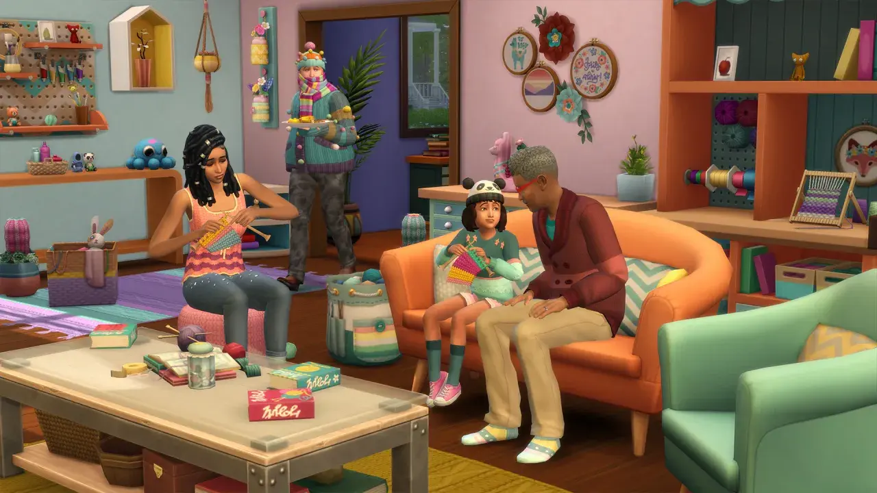 Rodzina rozwija swoje umiejętności w The Sims 4, dziergając i tworząc rękodzieło.