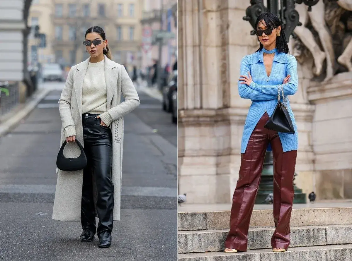 Kobiety prezentują różne stylizacje ze skórzanymi spodniami. Jedna w czarnych, druga w bordowych. Jakie buty do skórzanych spodni? Oto inspiracje.