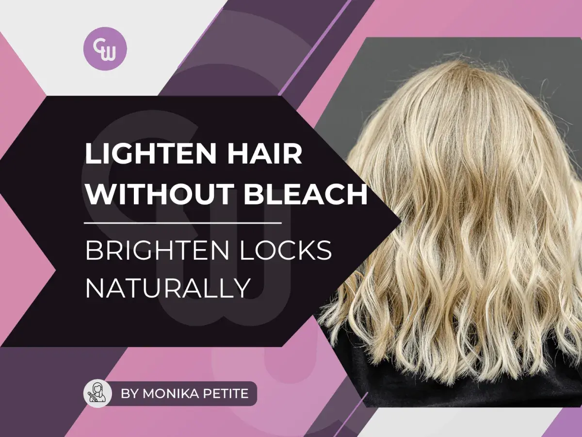 Aprende cómo aclarar el pelo teñido dos tonos de forma natural. Cabello rubio ondulado y texto "Lighten Hair Without Bleach".