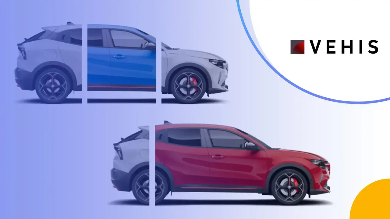 Dwa samochody w różnych kolorach, biały i niebieski u góry, biały i czerwony na dole. Logo VEHIS. Sprawdź vehis opinie.