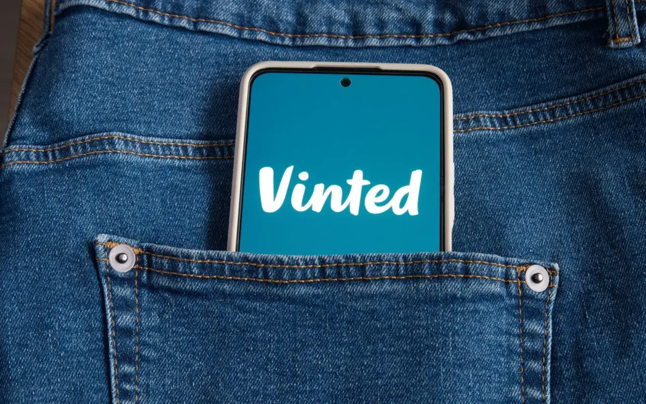 Smartfon z logo Vinted w tylnej kieszeni dżinsów. Chcesz wiedzieć, jak założyć konto na Vinted? To proste!
