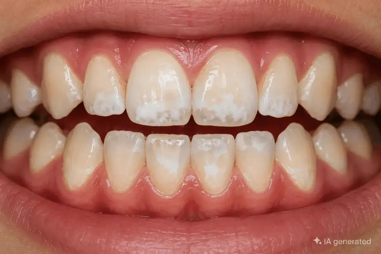 Dientes con manchas blancas y opacas, indicando esmalte dental dañado.