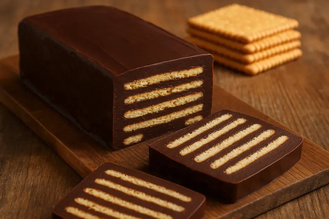 Schokoladenkuchen mit Butterkeksen, ein klassisches Kalter Hund DDR Rezept.