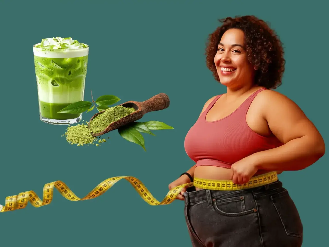 Frau misst ihre Taille mit einem Maßband, neben einem Glas Matcha-Eisgetränk und einem Löffel Matcha-Pulver. Matcha zum Abnehmen kann helfen!