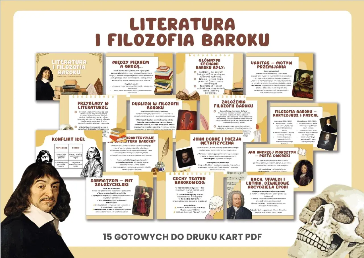 Filozofia baroku: między pięknem a grozą, dualizm, vanitas, konflikty idei, poezja metafizyczna, teatr i muzyka.