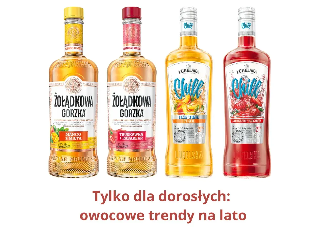 Letnie orzeźwienie: drink z Żołądkową Gorzką o smaku mango i mięty, truskawki i rabarbaru, a także Lubelska Chill Ice Tea Peach i Strawberry Margarita.