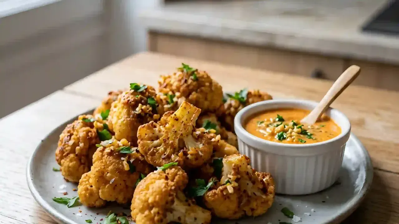 Chou fleur frit croustillant, parsemé d'herbes fraîches et servi avec une sauce crémeuse. Un délice à partager !