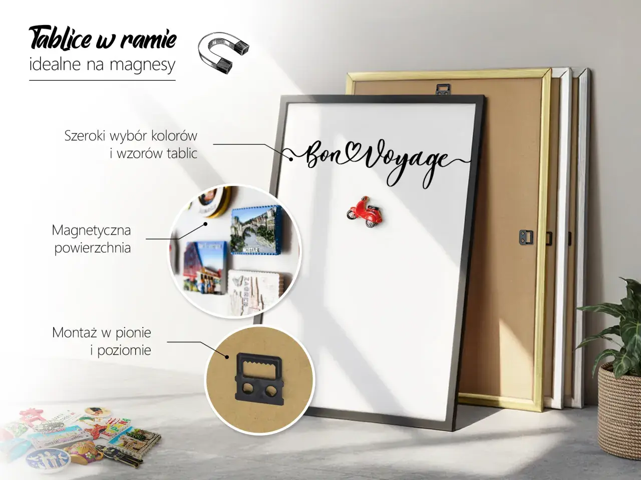 Elegancka tablica magnetyczna na ścianę z napisem "Bon Voyage", idealna do przechowywania wspomnień i zdjęć.