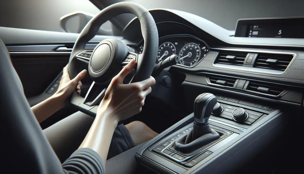 Mani sul volante di un'auto moderna. Il cruscotto è visibile, con cambio automatico e display. Chissà quanto tempo ho per fare la revisione prima di doverla portare dal meccanico.
