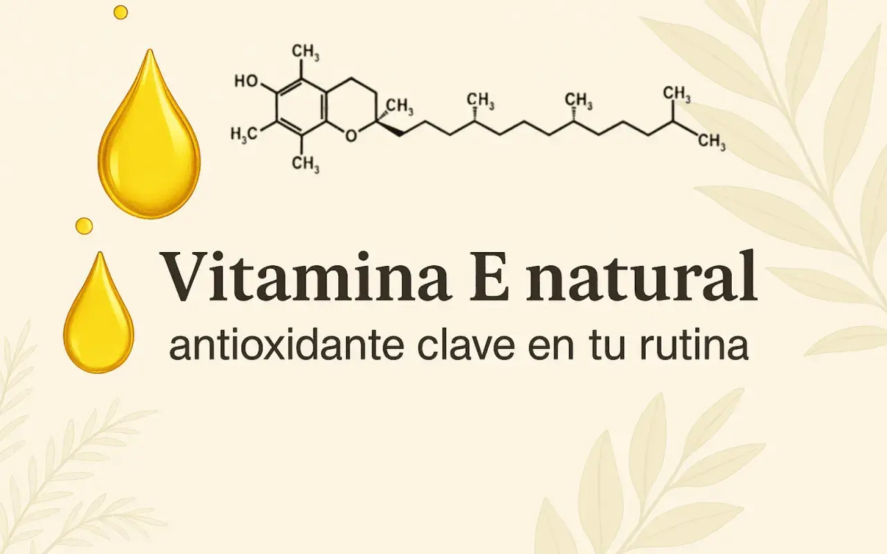 Gota dorada y fórmula química de la vitamina E. "Vitamina E natural, antioxidante clave en tu rutina" resalta su uso cosmético.