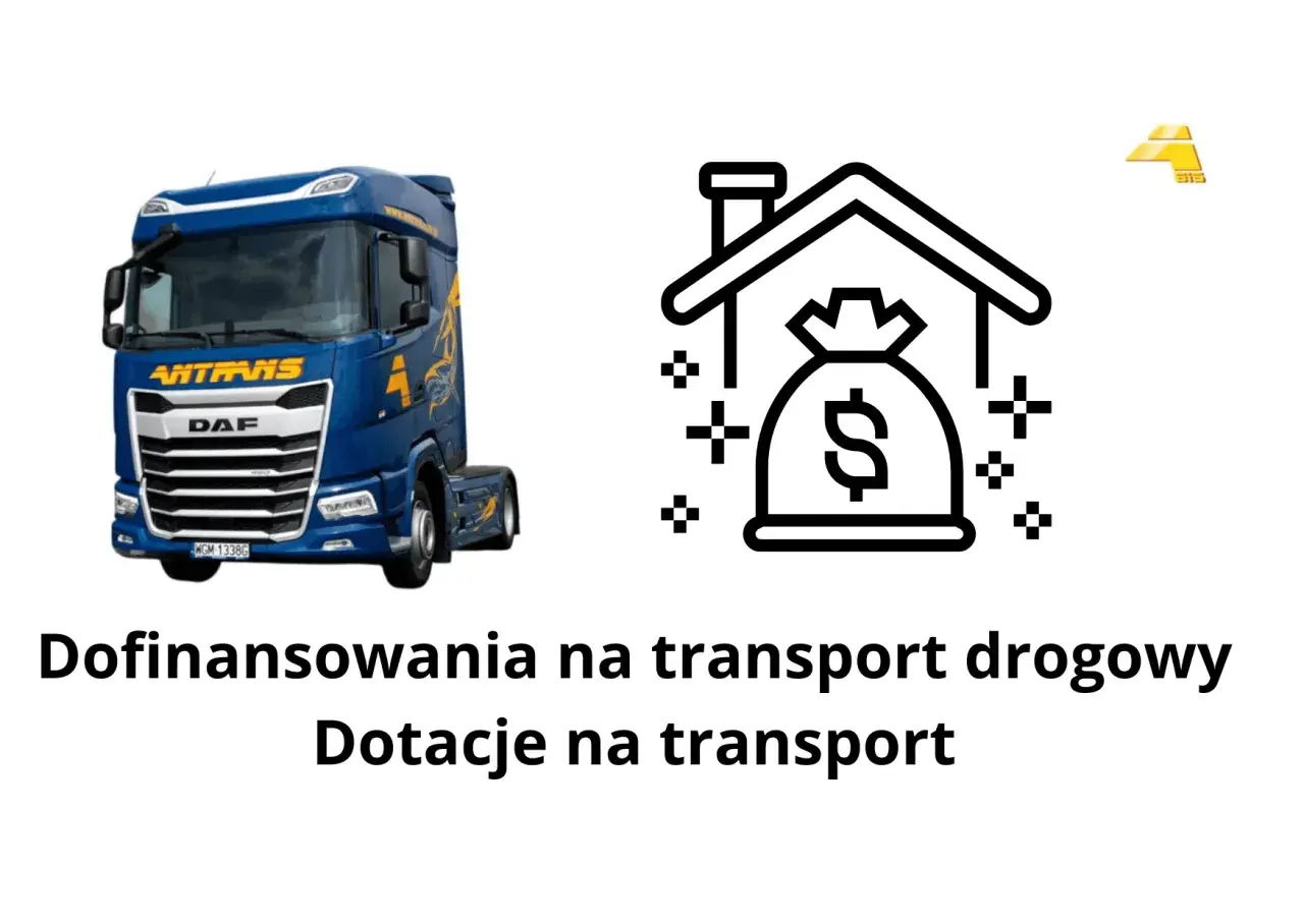 Niebieska ciężarówka i ikona worka z pieniędzmi symbolizują dofinansowanie na firmę transportową.