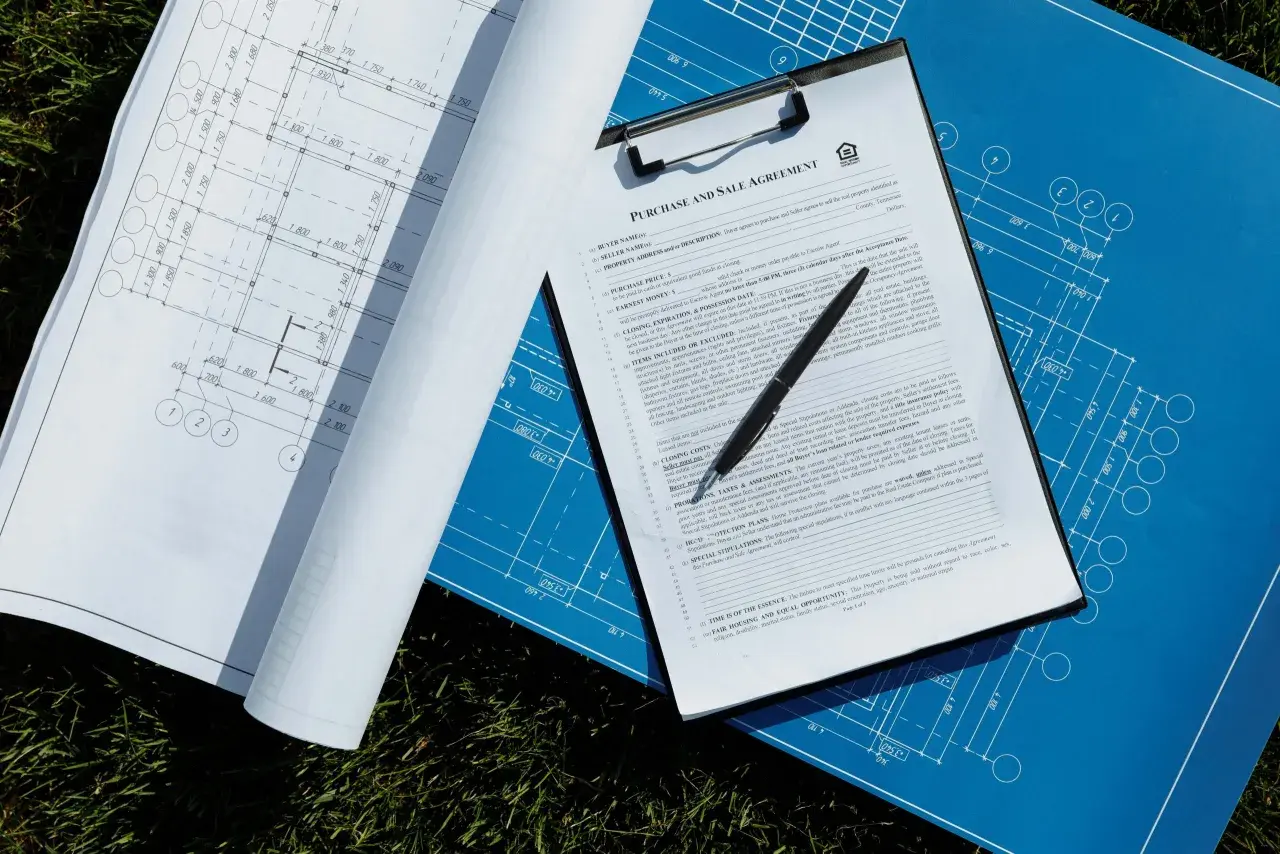 Prospekt informacyjny z umową kupna-sprzedaży nieruchomości i planami architektonicznymi.