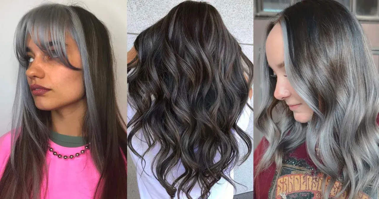 Peinados para disimular las canas: mechas plateadas y grises integradas en cabello oscuro, creando un look moderno y chic.