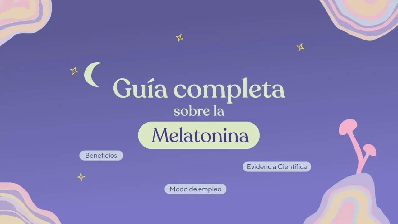 Guía completa sobre la melatonina natural, sus beneficios, modo de empleo y evidencia científica. Luna y estrellas decoran la imagen.