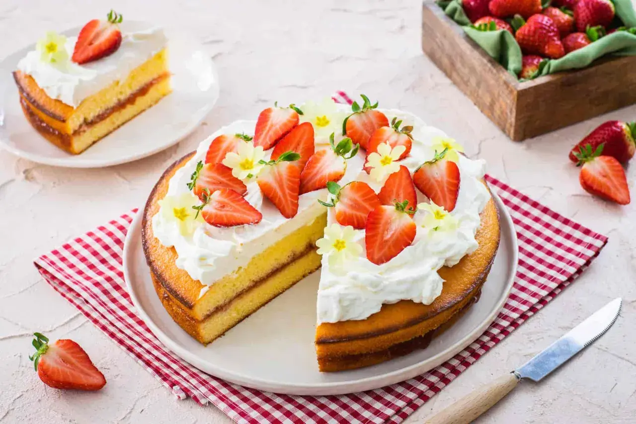 Una deliziosa torta alle fragole, con panna montata e fragole fresche, pronta per essere gustata.