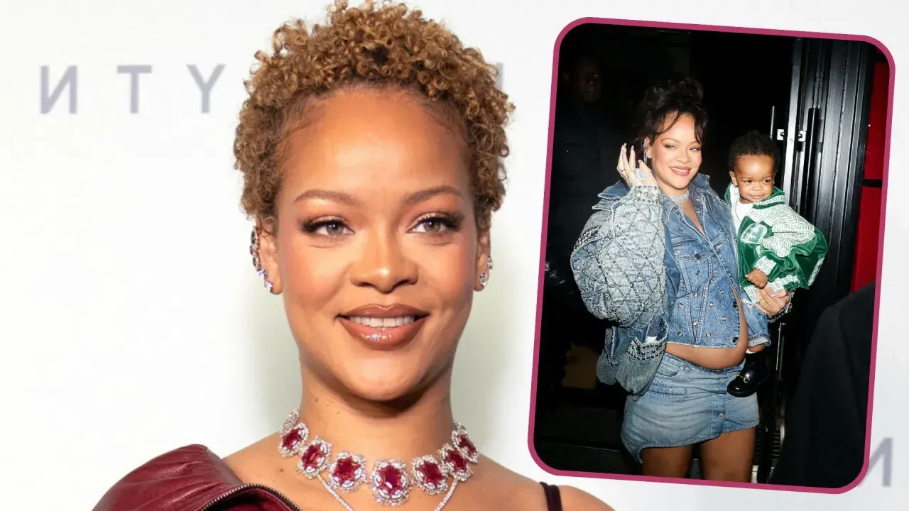 Rihanna w ciąży, uśmiechnięta, trzyma dziecko. Gwiazda w dżinsowej kurtce i spódniczce.