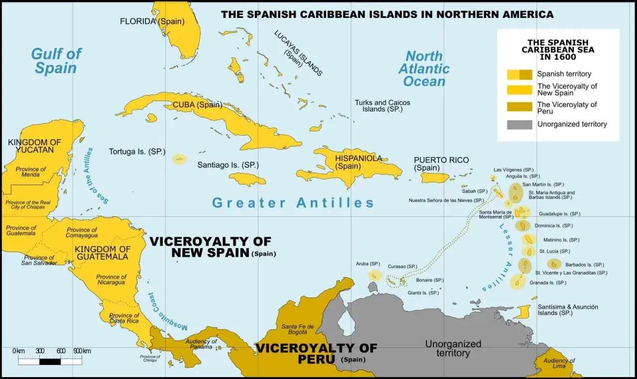 Karaiby, gdzie leżą, to archipelag wysp między Zatoką Meksykańską a Oceanem Atlantyckim. Mapa pokazuje hiszpańskie posiadłości w 1600 roku.