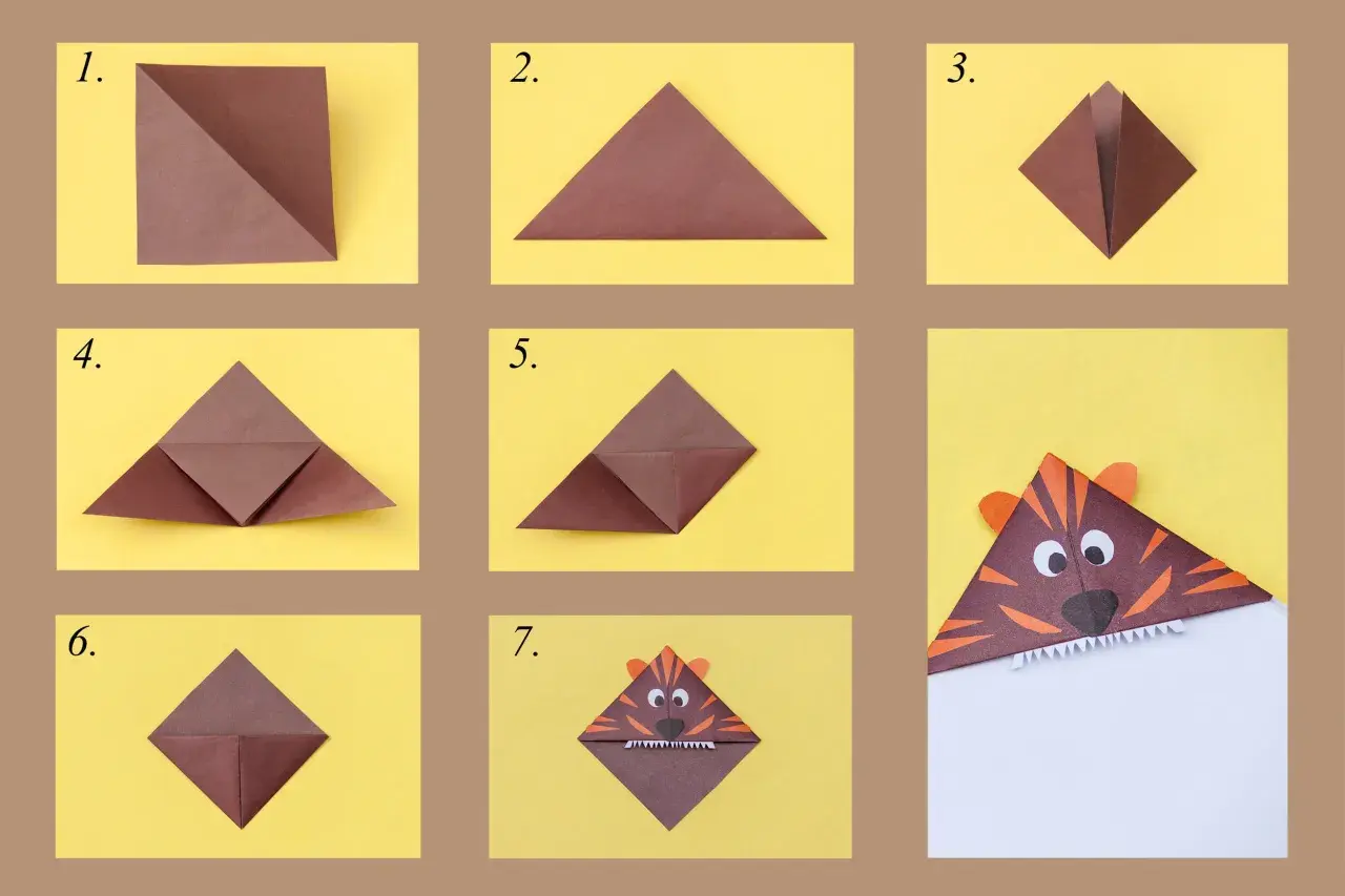 Pasos para crear un marcapáginas de tigre de origami, ideal para el día del libro para niños.