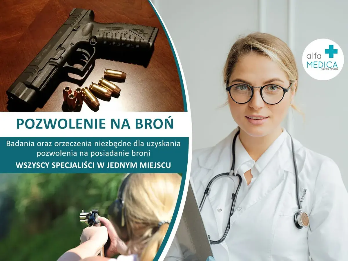 Pistolet i naboje, lekarka i strzelająca kobieta. Badania do pozwolenia na broń zgodnie z art. 15 ustawy o broni i amunicji.
