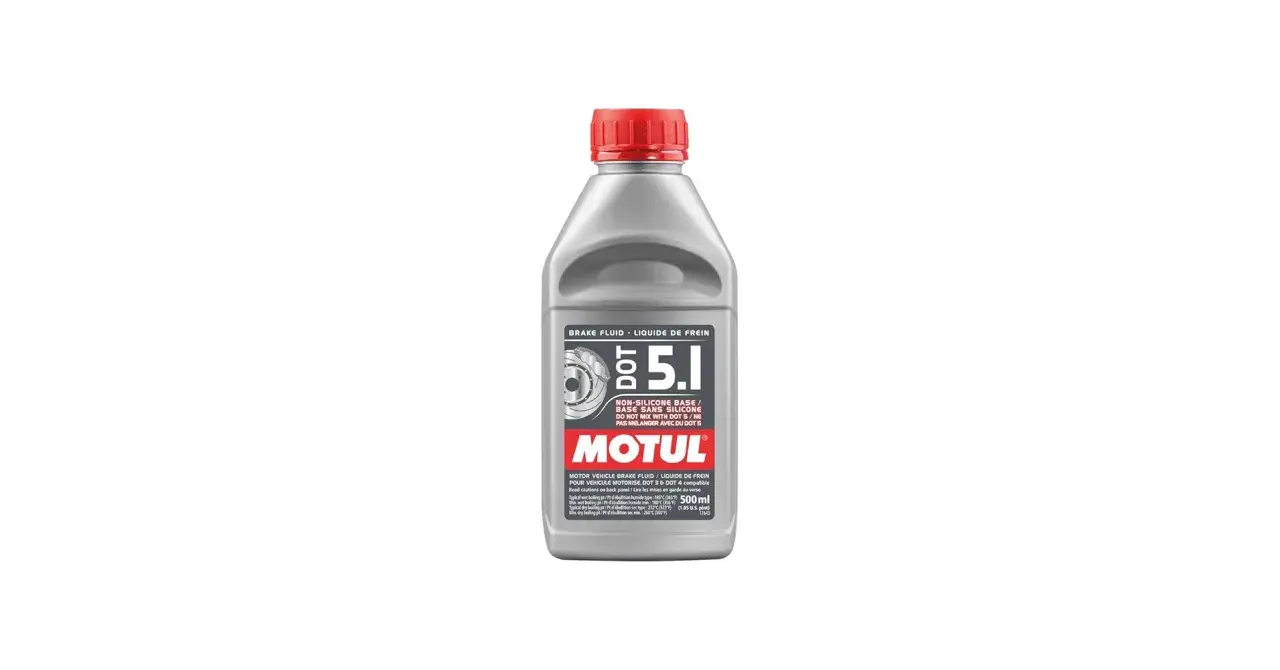 Motul DOT 5.1 brake fluid bottle. This non-silicone fluid is not to be mixed with DOT 5.