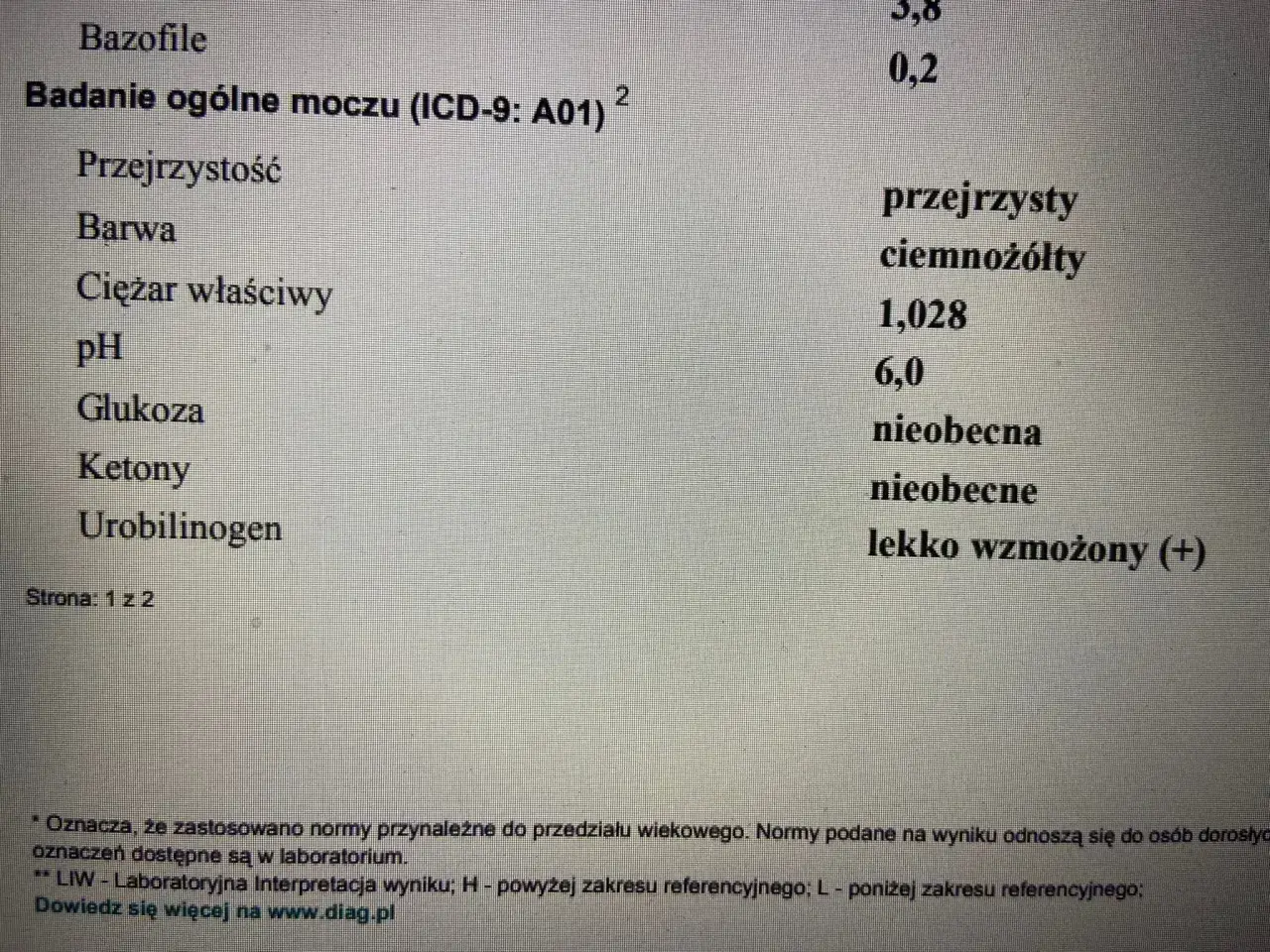 Wynik badania ogólnego moczu: urobilinogen lekko wzmożony (+). Pozostałe parametry w normie.