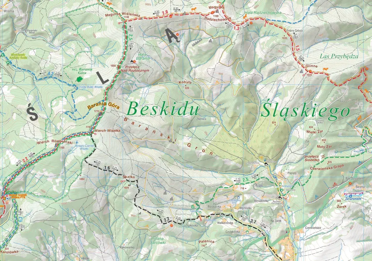 Mapa turystyczna Beskidu Śląskiego z zaznaczonymi szlakami, punktami i wysokościami.