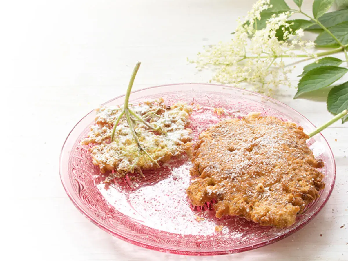 Zwei goldbraune Holunder-Pfannkuchen, mit Puderzucker bestäubt, auf einem rosa Teller. Ein Holunderzweig liegt daneben.