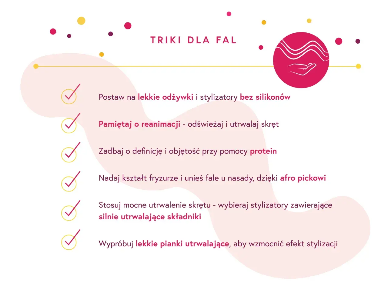 Porady dla fal: lekkie odżywki, proteinowe stylizacje, afro pick i pianki utrwalające dla pięknych, kręconych włosów.