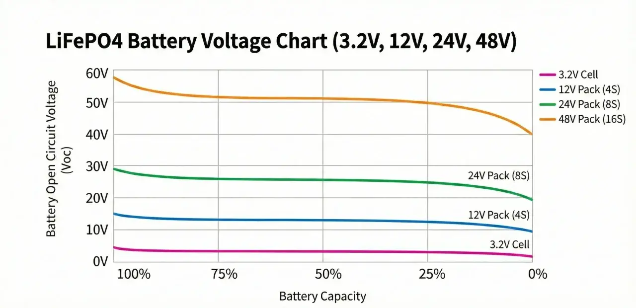 Gráfico de voltaje de baterías LiFePO4. Muestra cómo el voltaje varía con la capacidad, útil para entender el funcionamiento de un BMS.