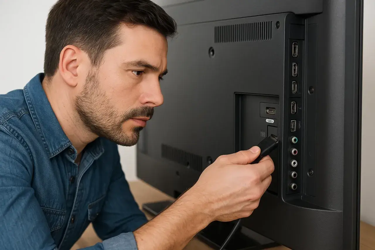 Mężczyzna próbuje podłączyć kabel do telewizora, ale coś sprawia, że telefon nie widzi telewizora.
