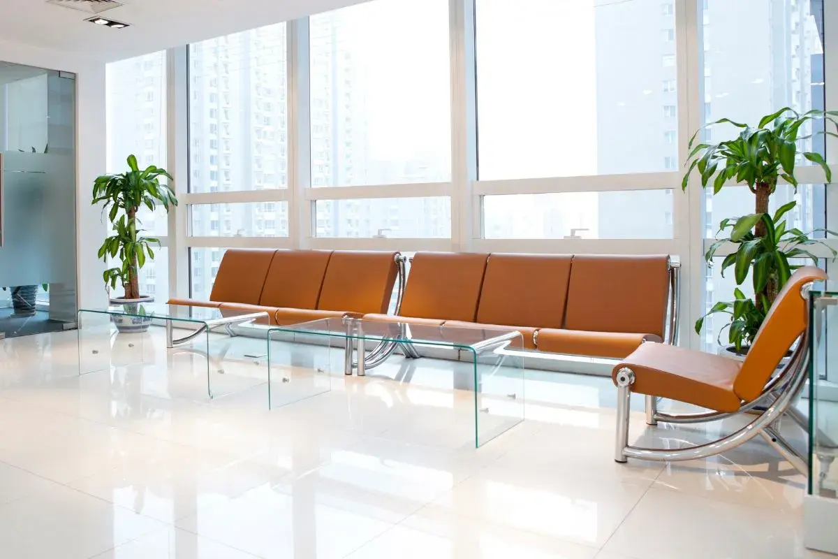 Moderna sala d'attesa con divani in pelle color cuoio, tavolini in vetro e piante verdi. Ottime idee per una sala d'attesa accogliente e di design.