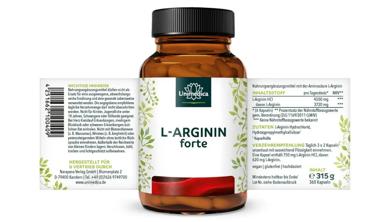 Flasche L-Arginin forte: 6 Kapseln enthalten 3720 mg L-Arginin. Wie viel Arginin pro Tag? Die Verzehrempfehlung ist 3x2 Kapseln.