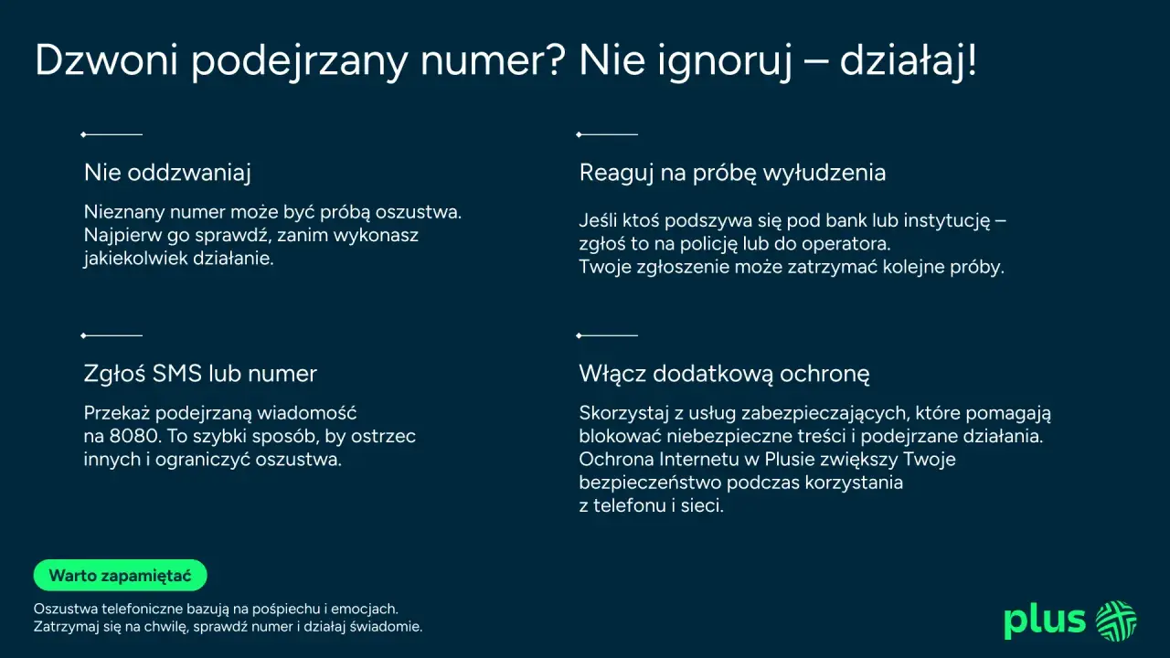 Nie ignoruj podejrzanych numerów! Przykłady spoofingu: nie oddzwaniaj, zgłoś SMS na 8080, reaguj na wyłudzenia. Włącz ochronę.