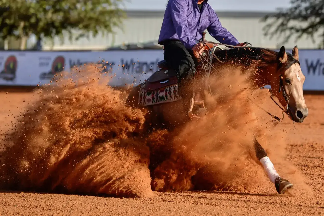 Un cheval de course race exécute un virage serré, soulevant un nuage de poussière rouge.