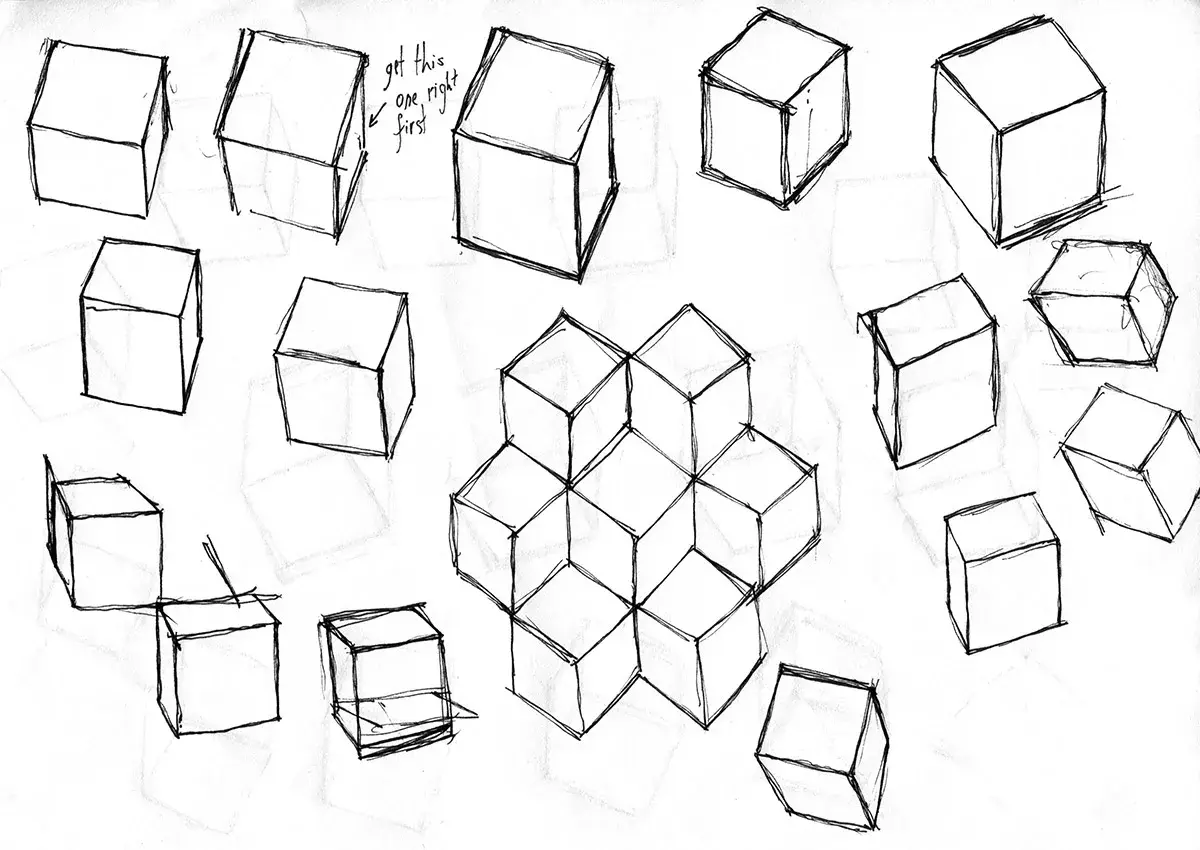Un dibujo de varios cubos en diferentes perspectivas, algunos apilados formando una figura geométrica. Un boceto de cubo para practicar.