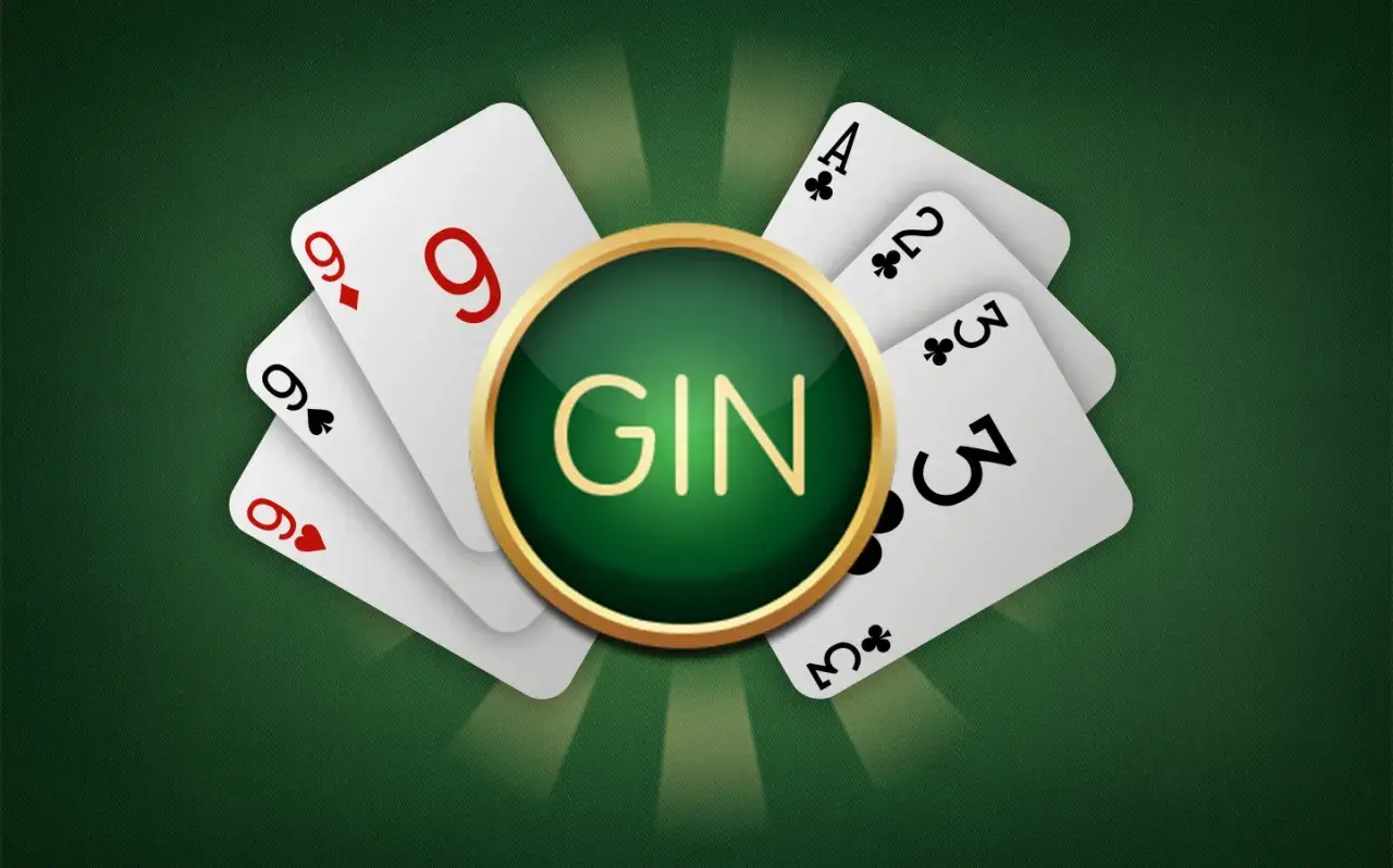 Spielkarten mit dem Wort "GIN" in der Mitte, die die Gin Rummy Regeln symbolisieren.