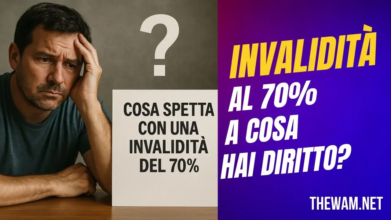 Uomo pensieroso con punto interrogativo. Testo: "Cosa spetta con una invalidità del 70%? Invalidità al 70%, a cosa hai diritto?