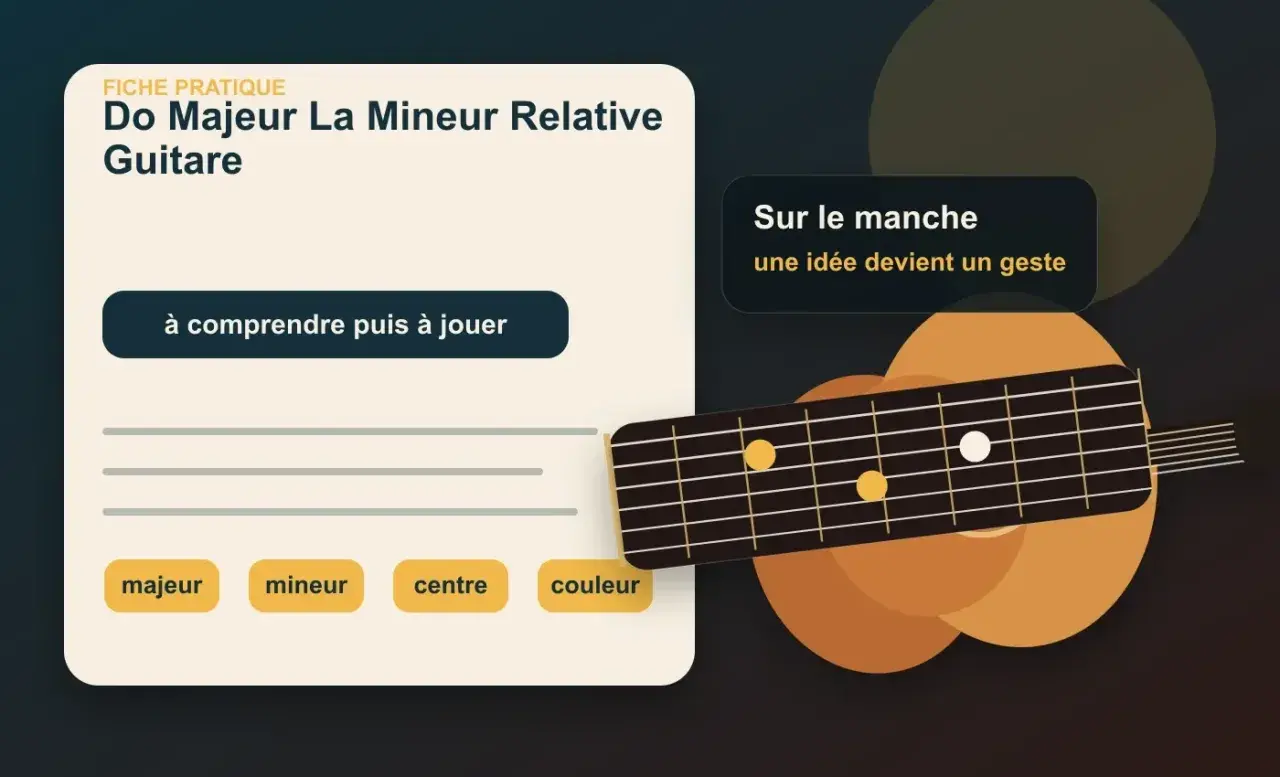 Fiche pratique guitare : Do Majeur La Mineur Relative. Le manche de la guitare montre des positions pour comprendre la gamme de sol majeur.