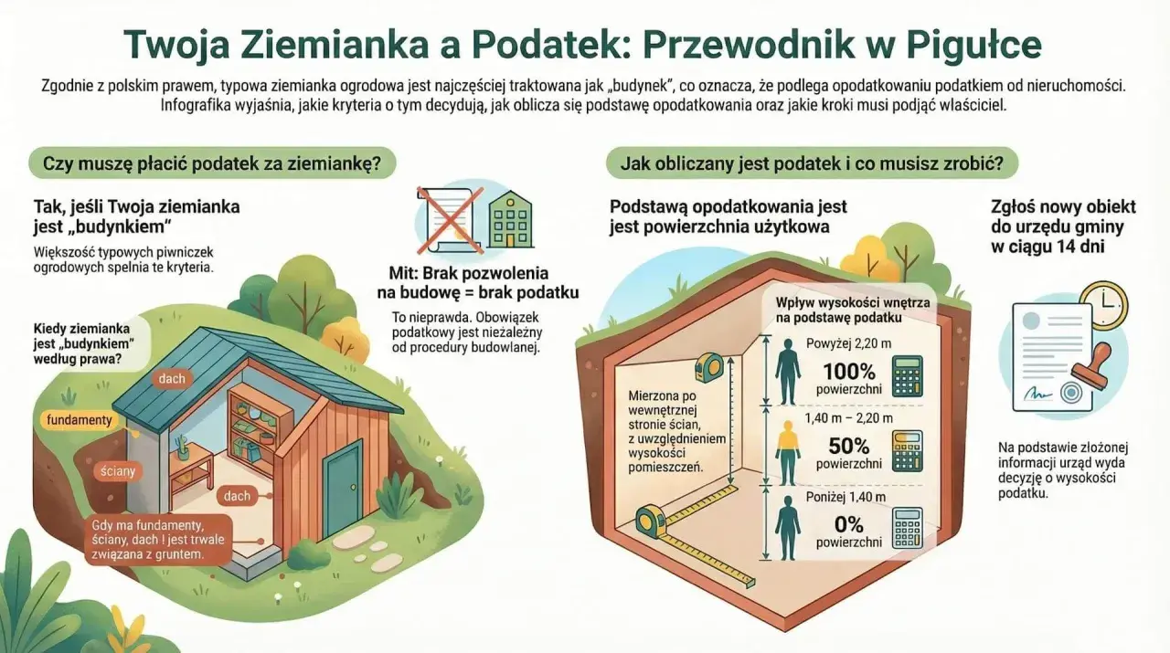 Ilustracja przedstawia przekrój ziemianki ogrodowej, wyjaśniając zasady opodatkowania i obliczania powierzchni użytkowej.
