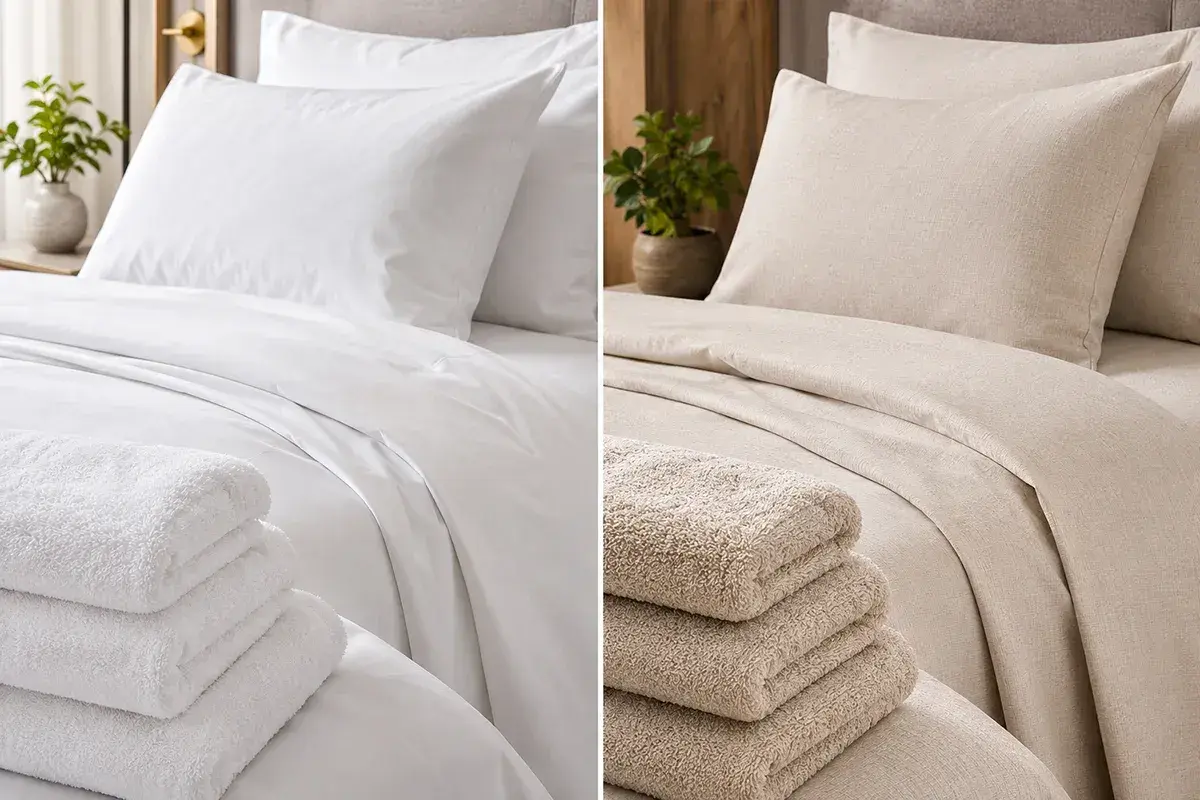 Comparaison de literie : blanc éclatant (coton ?) vs beige naturel (polyester ?). Douceur et texture contrastées.