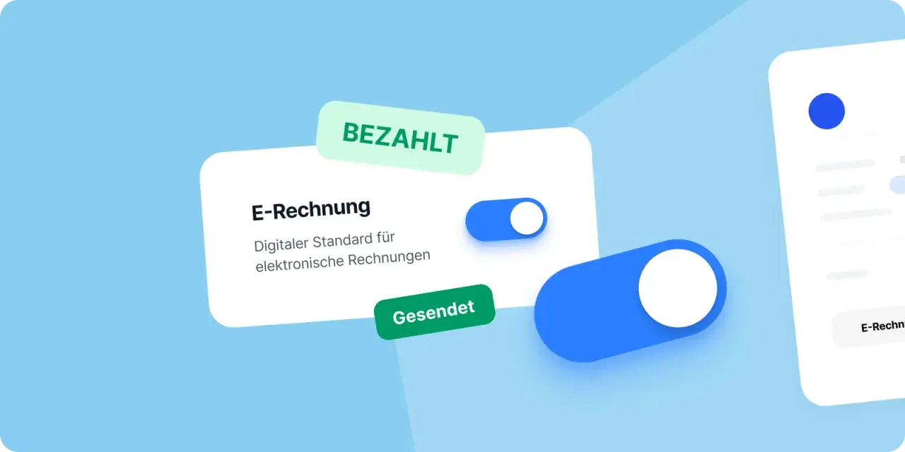 Digitale Rechnungen und Schalter symbolisieren papierloses Arbeiten. "Bezahlt" und "Gesendet" zeigen den Status.