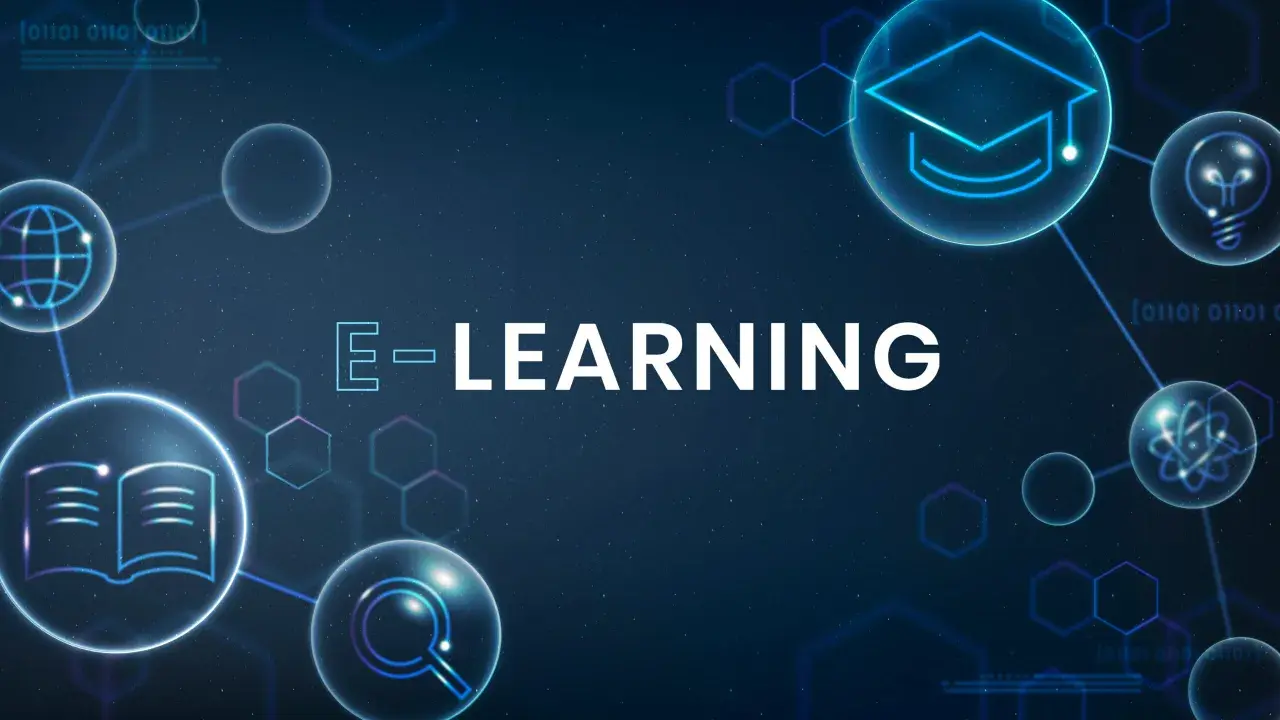E-learning szkolenia: ikony książki, globu, żarówki, atomu i dyplomu w sieci połączeń.