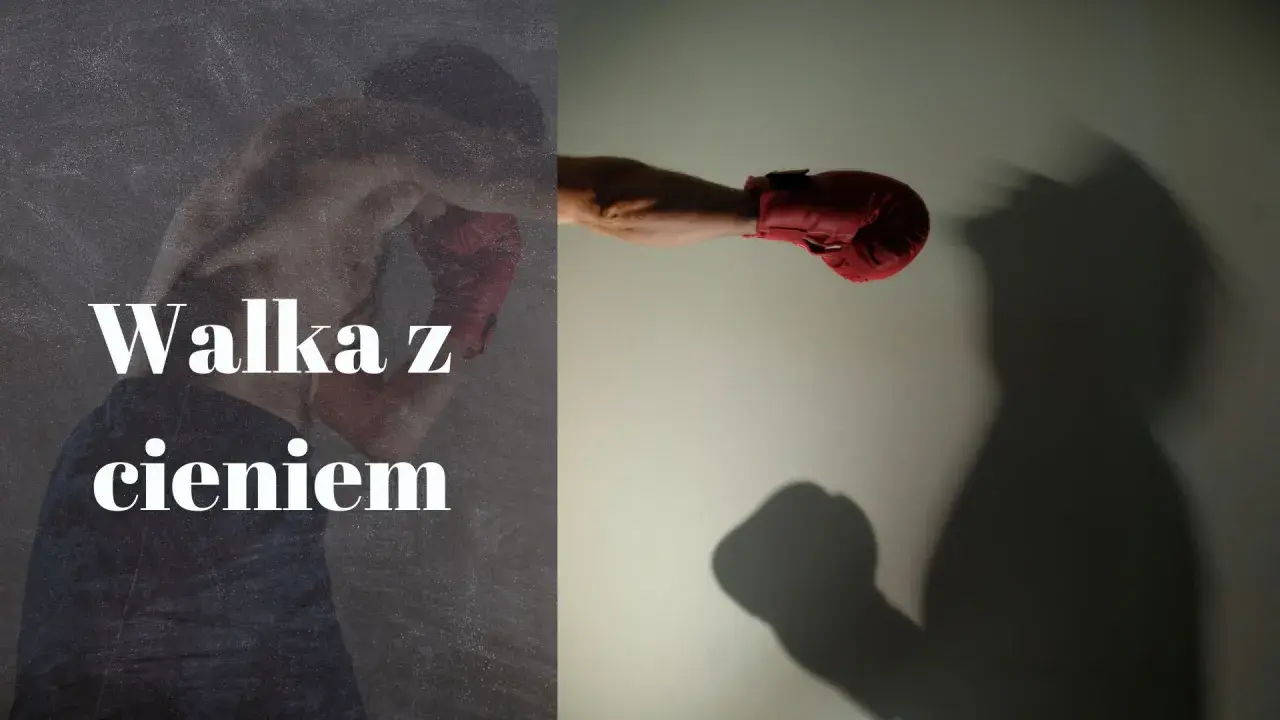 Bokser w czerwonej rękawicy walczy z cieniem, który przybiera postać przeciwnika.