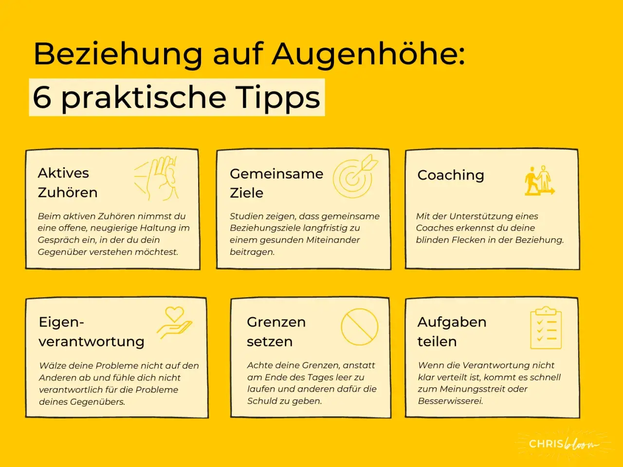 6 Tipps für eine Beziehung auf Augenhöhe: Aktives Zuhören, gemeinsame Ziele, Coaching, Eigenverantwortung, Grenzen setzen, Aufgaben teilen. Wichtig für den Umgang mit alten Menschen.