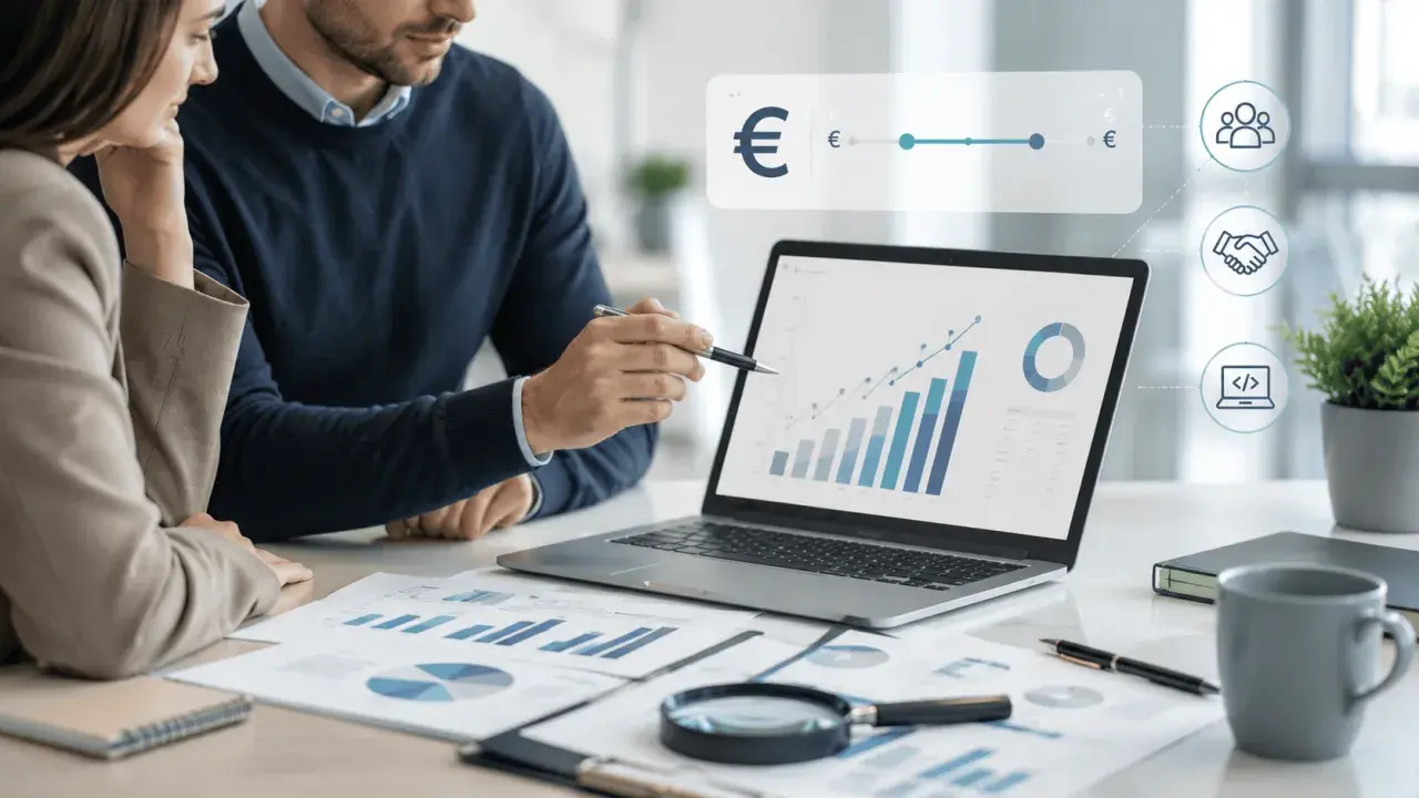 Uomini d'affari analizzano grafici su un laptop, con icone che rappresentano crescita, collaborazione e tecnologia. Un grafico mostra un trend positivo, suggerendo un successo **ral dipendente**.